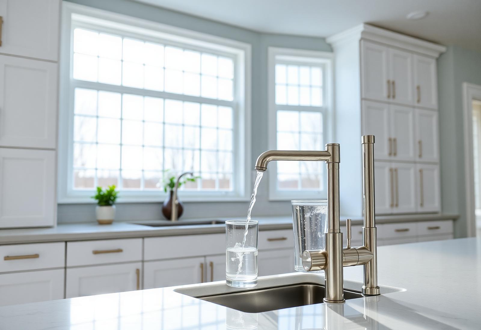 Clean water pouring into a glass from a modern kitchen faucet in a bright North Texas home